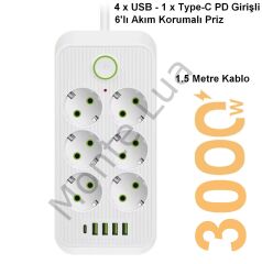 6'lı Akım Korumalı Priz, 1.5 Metre Kablo, 4 x USB, 1 x Type-C PD Girişli, Grup Priz, 16ah Akım Korumalı Priz, 3000W Güç, Anahtarlı, Topraklı, Çocuk Korumalı,