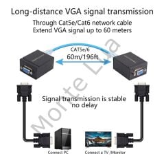 VGA Extender, CAT5e/CAT6 Kablo ile, VGA Uzatıcı, VGA Verici + Alıcı, Siyah, 60 m,